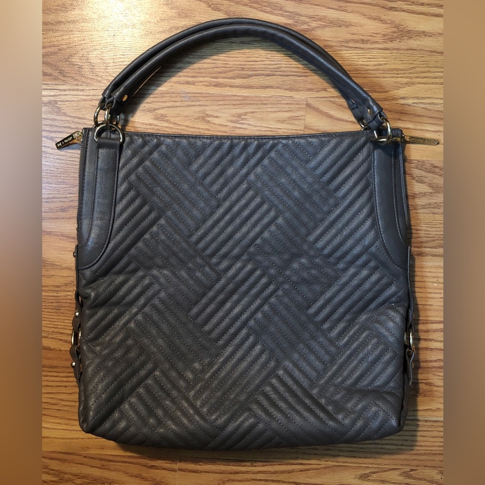 Olivia + Joy NY Quilt Faux Leather Handbag Shoulder Tote Gray Gold Accents NWOT